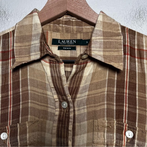 Lauren Ralph Lauren Men 100% Linen Button Down Shirt Small Brown Plaid Preppy - Picture 4 of 8